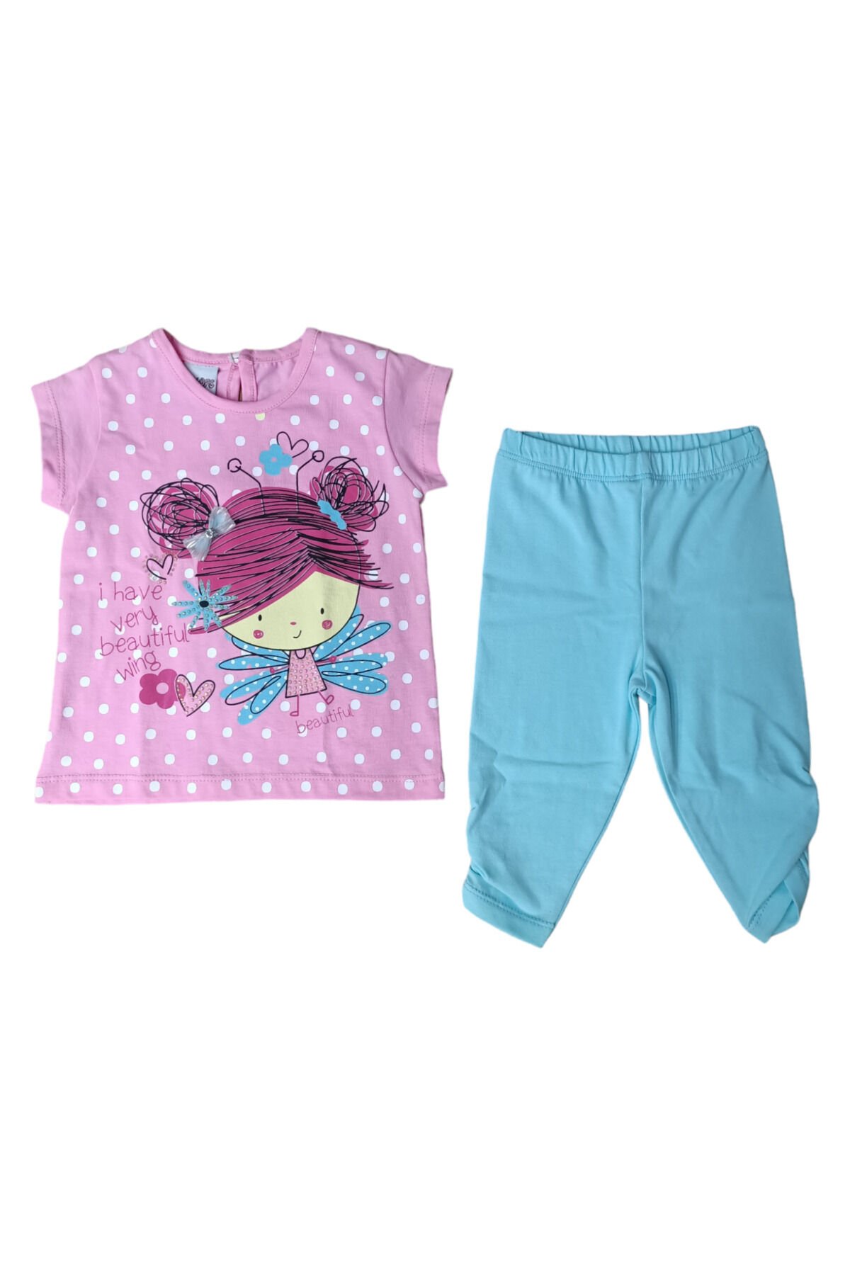 Pelops Kız Bebek Sevimli Kanatlı Taytlı Yazlık Takım Pembe - 12-18 Ay