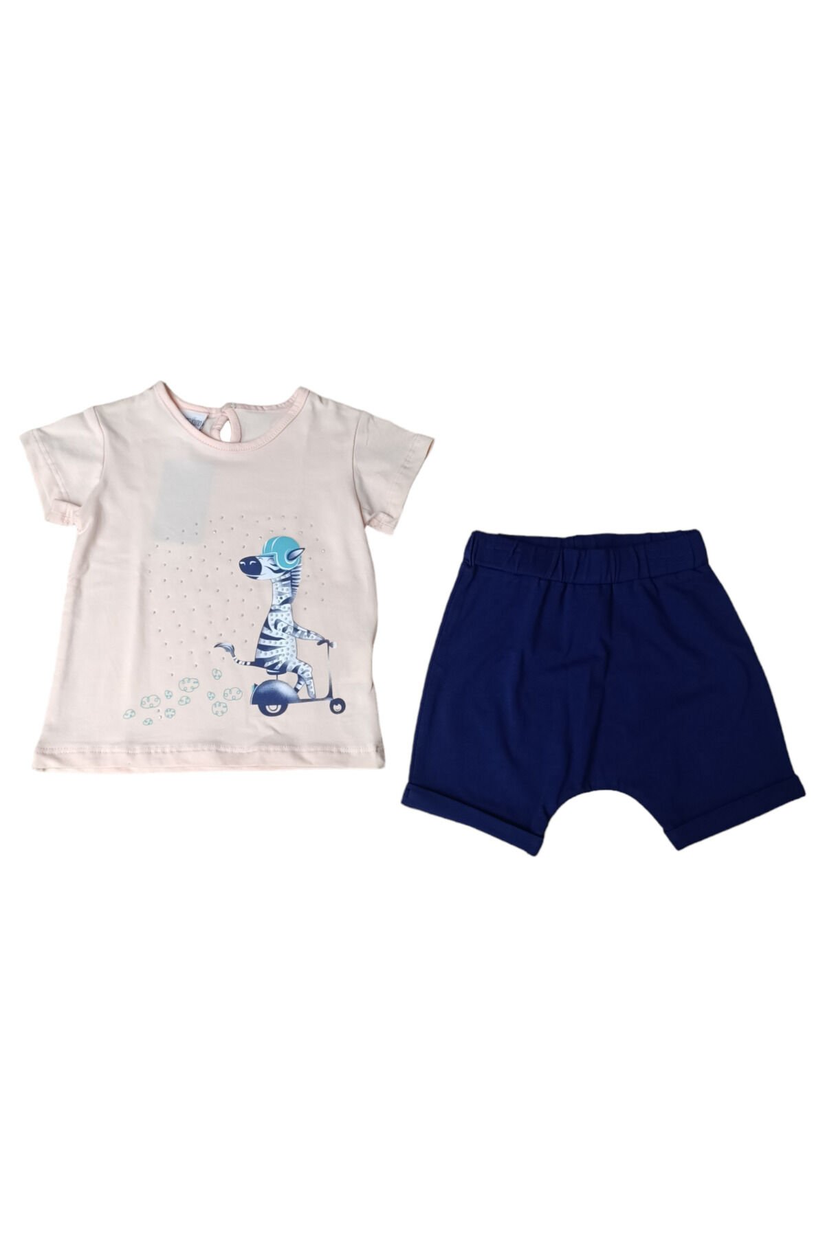 Pelops Kız Bebek Zebra Taşlı Şortlu Yazlık Takım Pudra - 18 Ay