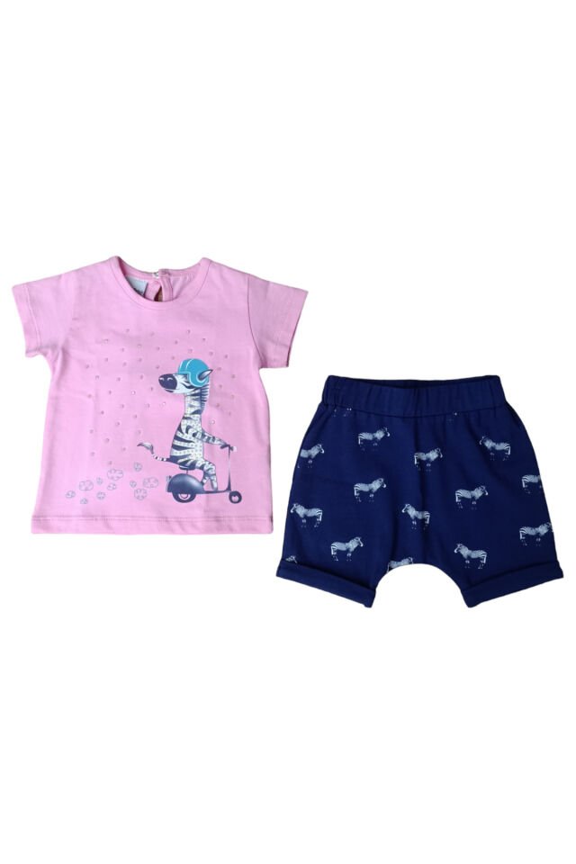 Pelops Kız Bebek Zebra Taşlı Şortlu Yazlık Takım Pembe - 6-9 Ay