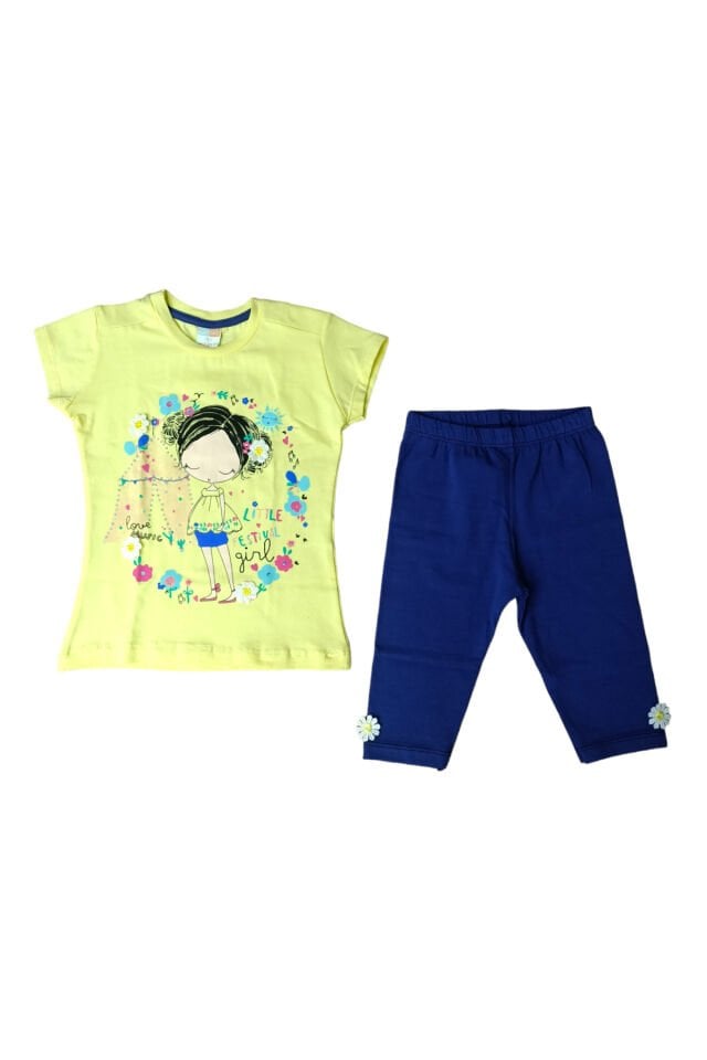 Pelops Kız Bebek Papatya Süslü Taytlı Yazlık Takım Sarı - 3 Yaş