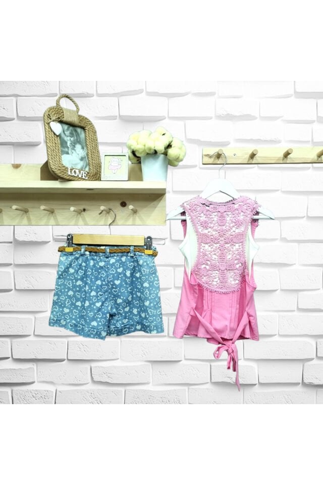 Himms Kız Çocuk Sıfır Kol Askılı Gömlek Model Keten Şortlu Üçlü Yazlık Takım Pembe - 5 Yaş