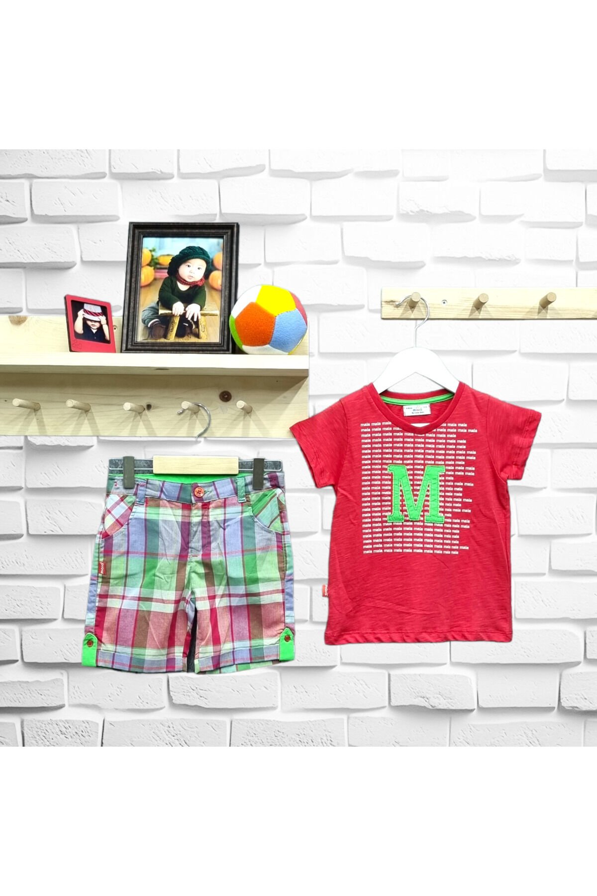 Maia Erkek Bebek Yazılı Kare Desen Şortlu Yazlık Takım Kırmızı - 4-5 Yaş