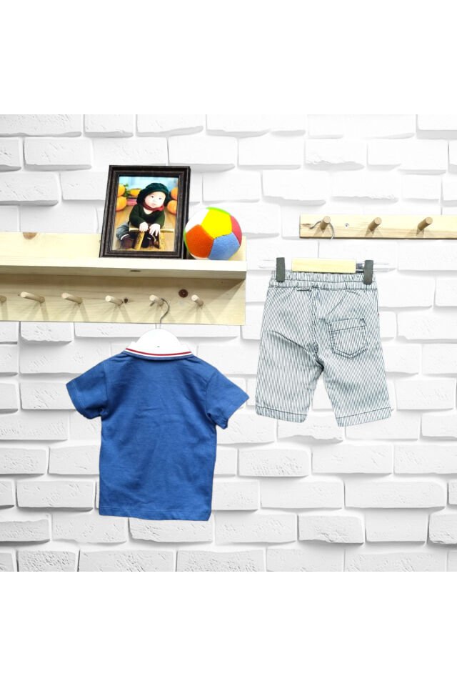 Kts Erkek Bebek Polo Yaka Yazılı Keten Şortlu Yazlık Takım Lacivert - 9 - 12 Ay
