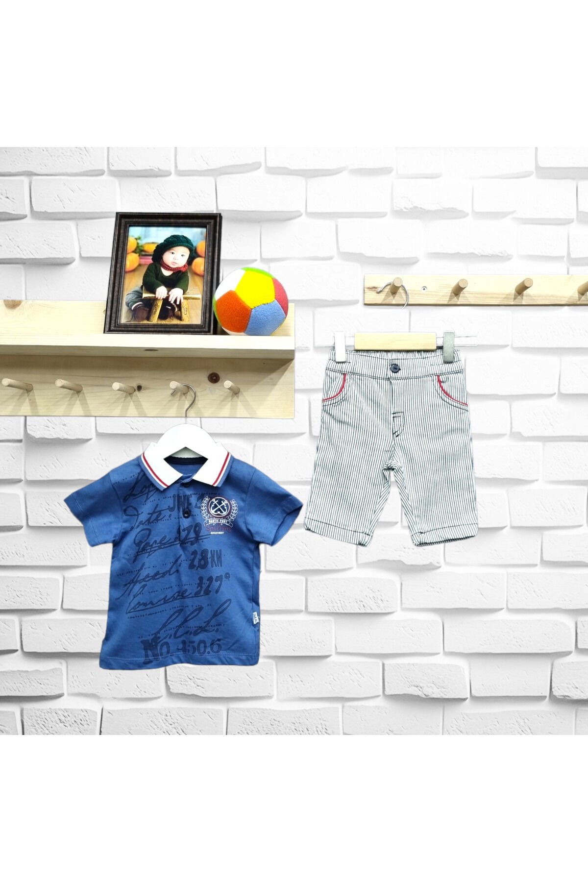 Kts Erkek Bebek Polo Yaka Yazılı Keten Şortlu Yazlık Takım Lacivert - 9 - 12 Ay