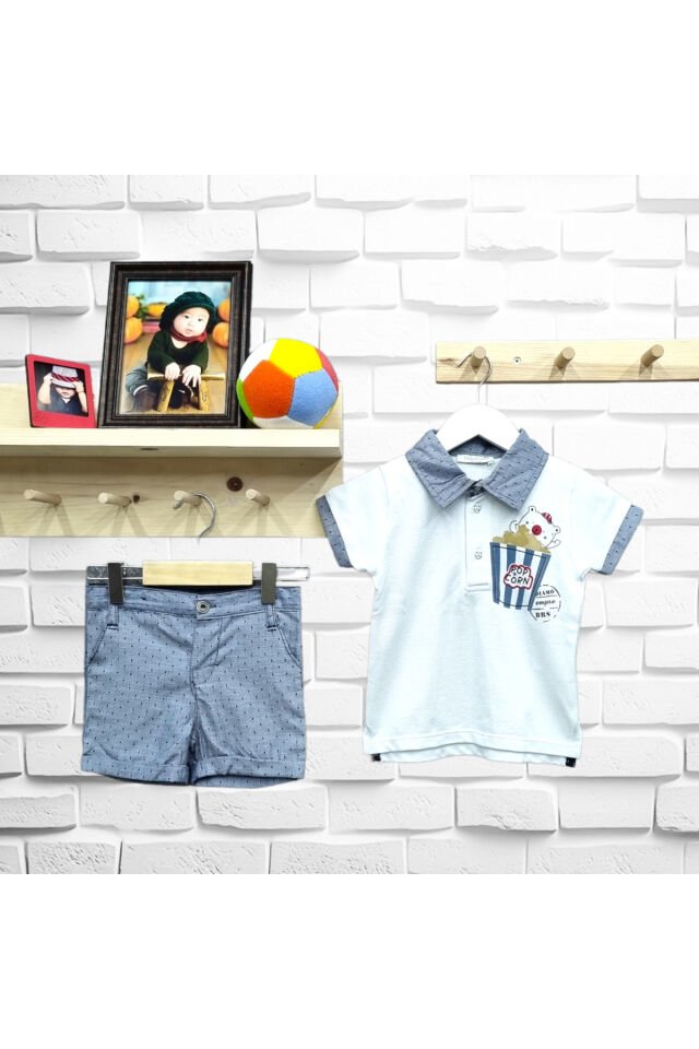 Babyrose Erkek Bebek Popcorn Ayıcık Puantiyeli Şortlu Yazlık Takım Gri - 9 Ay