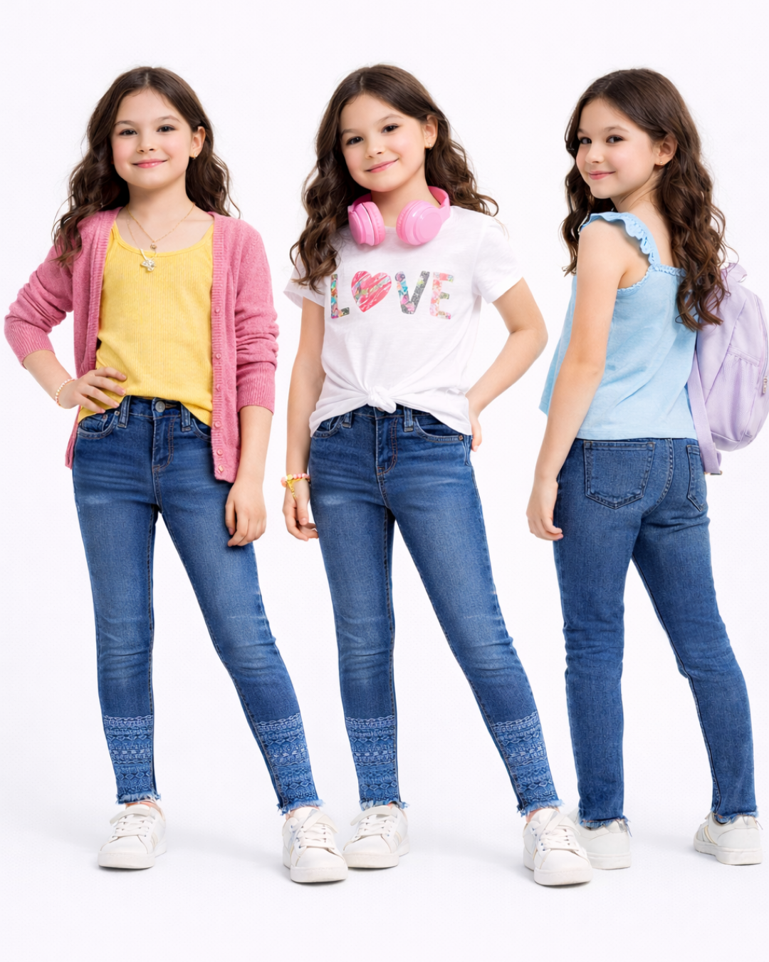 MS Kız Çocuk Lazer Kesim Etnik Desenli Kot Pantolon