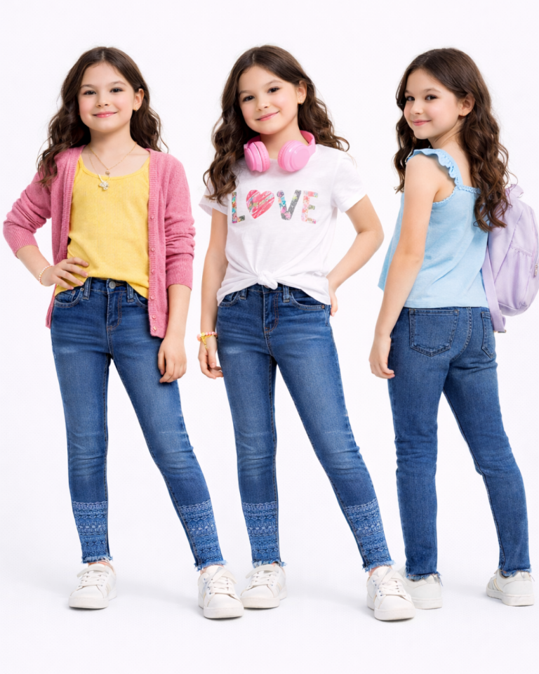 MS Kız Çocuk Lazer Kesim Etnik Desenli Kot Pantolon