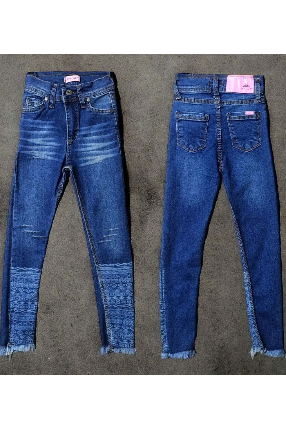 MS Kız Çocuk Lazer Kesim Etnik Desenli Kot Pantolon