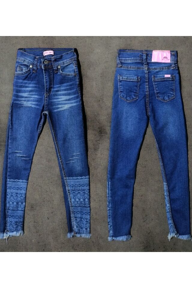 MS Kız Çocuk Lazer Kesim Etnik Desenli Kot Pantolon