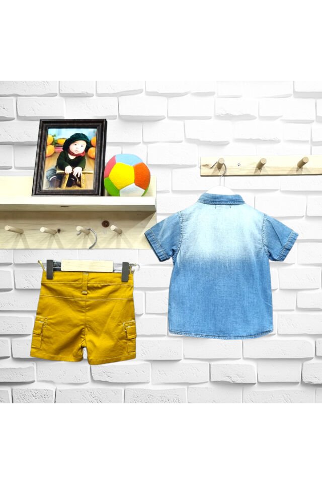 Maia Erkek Bebek Kot Gömlekli Keten Şortlu Üçlü Yazlık Takım Mavi - 9 - 12 Ay