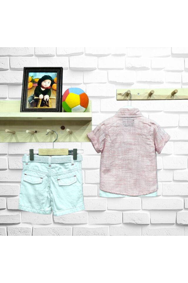 Kts Erkek Bebek Çizgi Desen Keten Şortlu Yazlık Üçlü Takım Açık Pembe - 12 Ay
