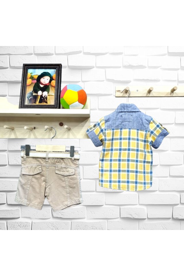 Kts Erkek Bebek Kare Desen Gömlekli Keten Şortlu Yazlık Üçlü Takım Sarı - 12 Ay