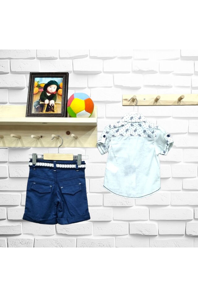 Kts Erkek Bebek Yarım Desen Model Gömlekli Şortlu Yazlık Takım Lacivert - 9 Ay