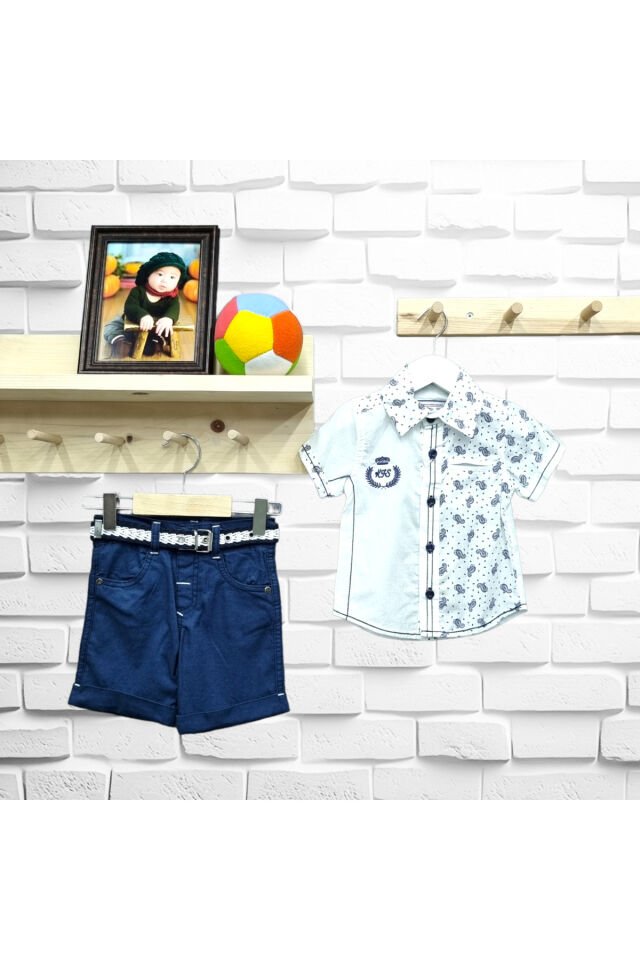 Kts Erkek Bebek Yarım Desen Model Gömlekli Şortlu Yazlık Takım Lacivert - 12 Ay