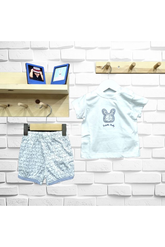 Bebetto Erkek Bebek Minik Tavşan Desen Şortlu Yazlık Takım Lacivert - 3-6 Ay
