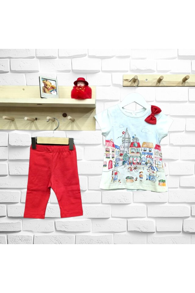 Bebetto Kız Bebek Bahçe Manzaralı Taytlı Yazlık Takım Kırmızı - 6-9 Ay