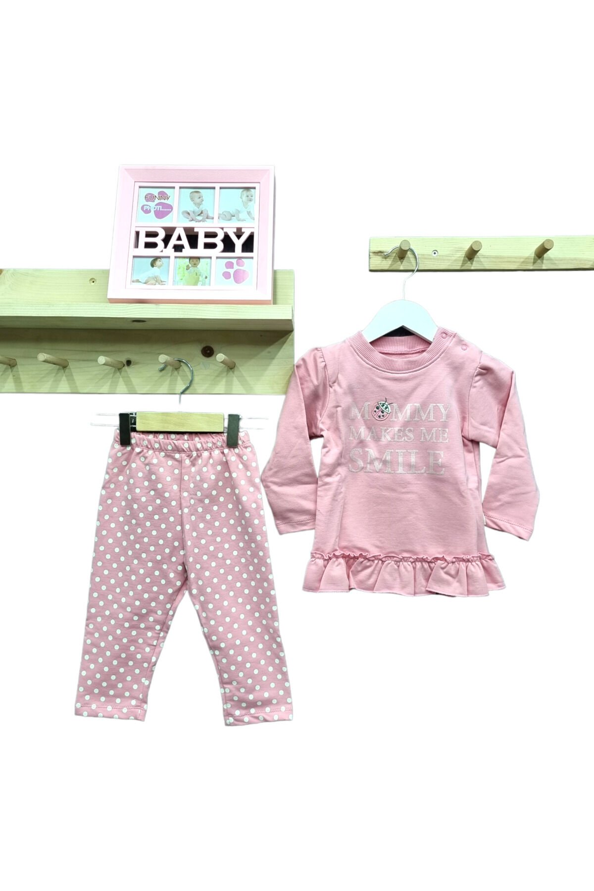 Bebetto Kız Bebek Mommy Makes Me Smile Puantiyeli Taytlı Takım Pembe - 12-18 Ay