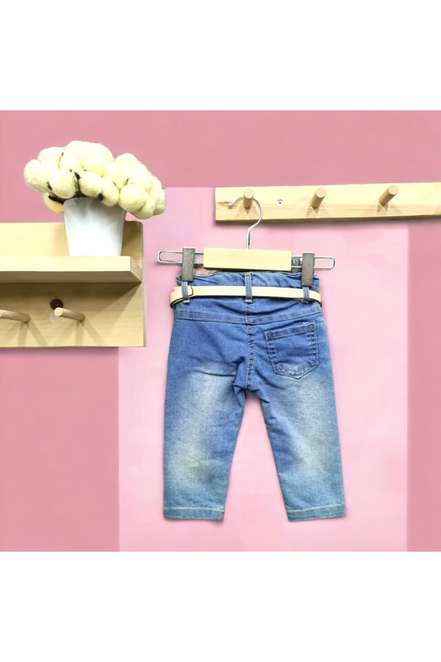 Miss Elitte Papatya Nakışlı Kız Bebek Kot Pantolon Mavi - 9 Ay