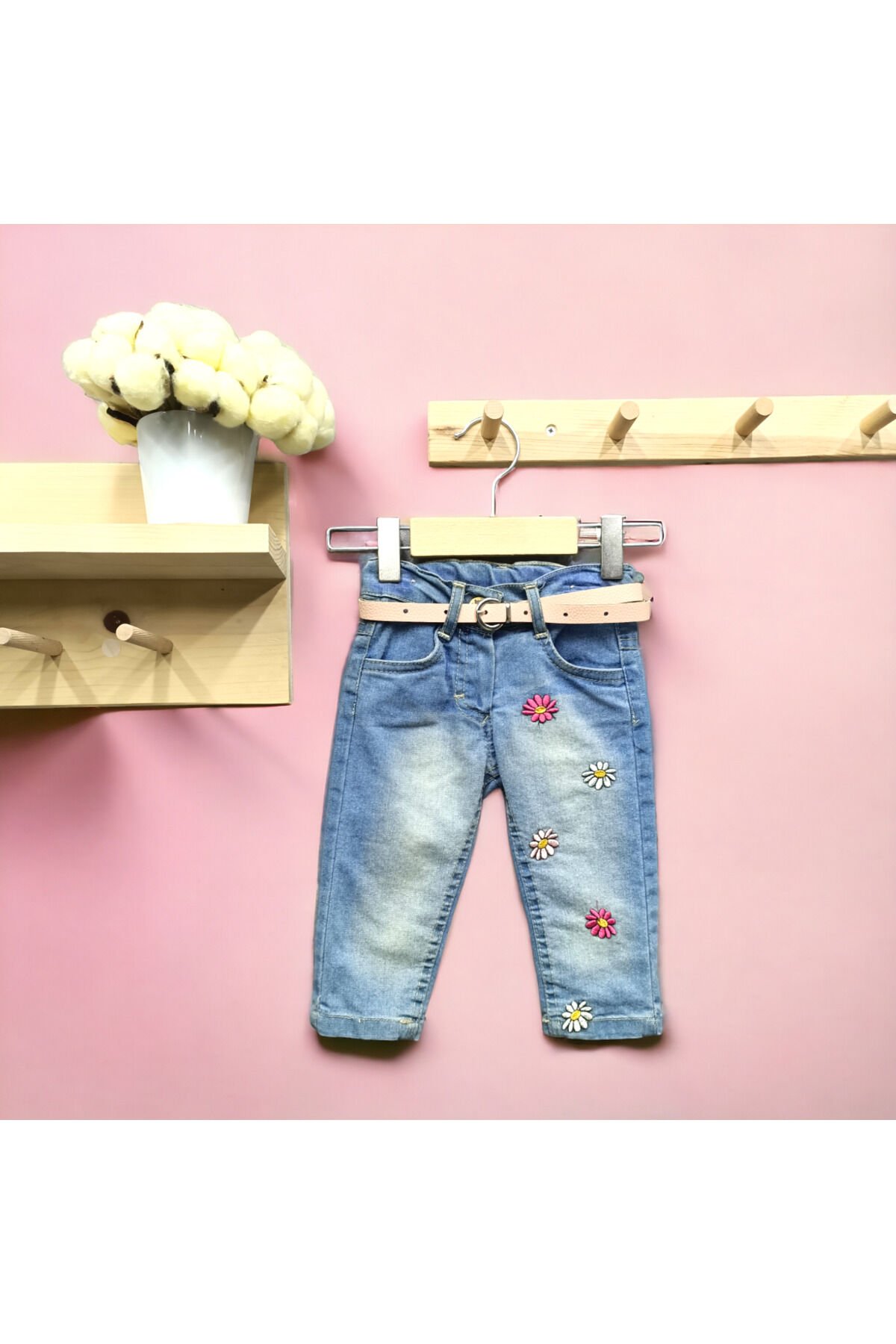 Miss Elitte Papatya Nakışlı Kız Bebek Kot Pantolon Mavi - 9 Ay