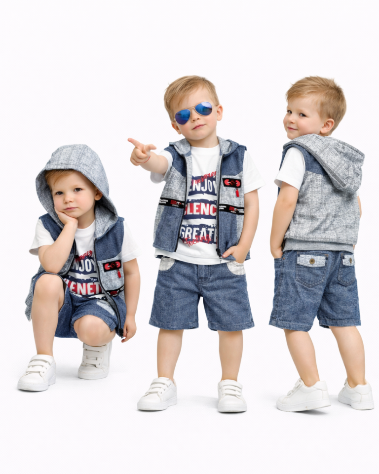 Babyboy Köşe Robalı Yelekli Şortlu Üçlü Yazlık Takım