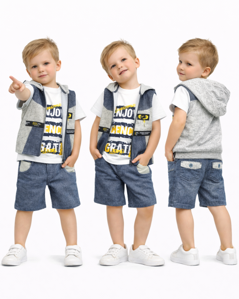 Babyboy Köşe Robalı Yelekli Şortlu Üçlü Yazlık Takım