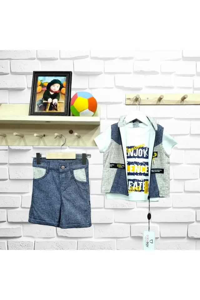 Babyboy Köşe Robalı Yelekli Şortlu Üçlü Yazlık Takım