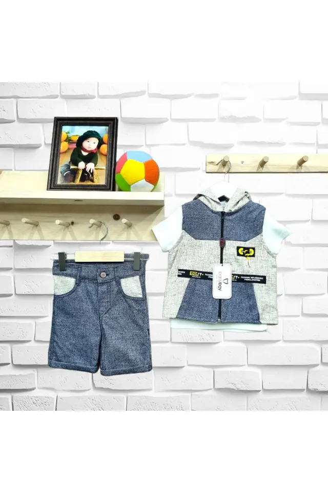 Babyboy Köşe Robalı Yelekli Şortlu Üçlü Yazlık Takım