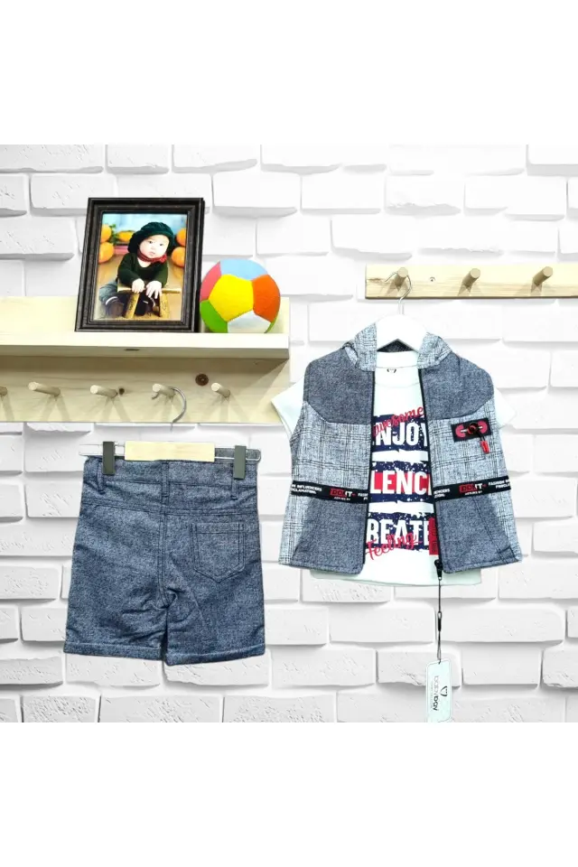 Babyboy Köşe Robalı Yelekli Şortlu Üçlü Yazlık Takım