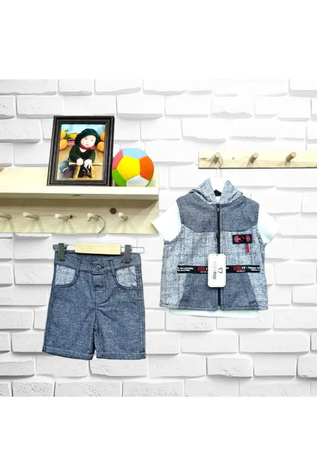 Babyboy Köşe Robalı Yelekli Şortlu Üçlü Yazlık Takım