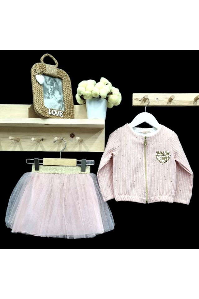 Missrose Kız Bebek Üçlü Etekli Takım Pudra - 4 Yaş