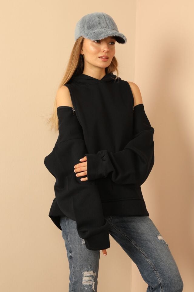 Kaktüs 3 İplik Örme Kumaş Basen Altı Boy Fermuar Detaylı Kadın Sweatshirt