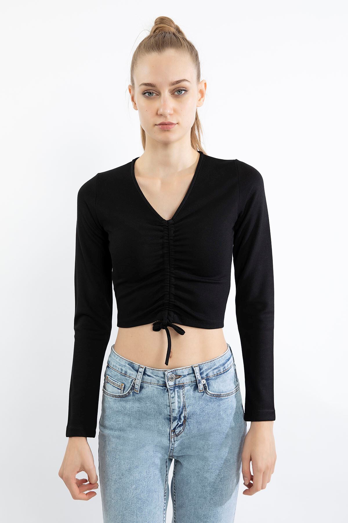 Kaktüs Çelik Örme Kumaş Uzun Kol V Yaka Önü Büzgülü Kadın Bluz