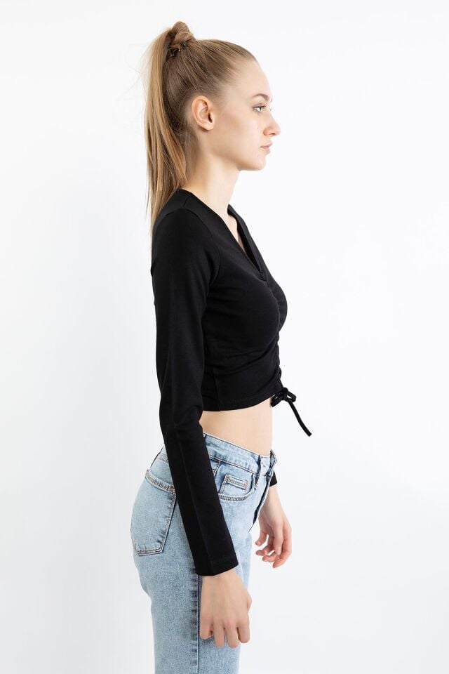 Kaktüs Çelik Örme Kumaş Uzun Kol V Yaka Önü Büzgülü Kadın Bluz