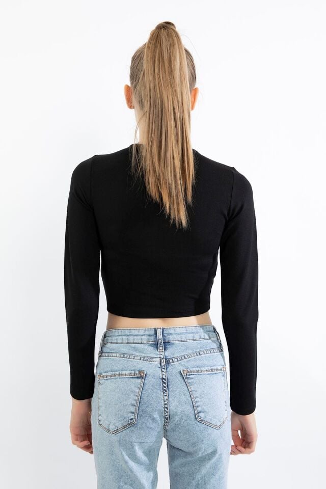 Kaktüs Çelik Örme Kumaş Uzun Kol V Yaka Önü Büzgülü Kadın Bluz