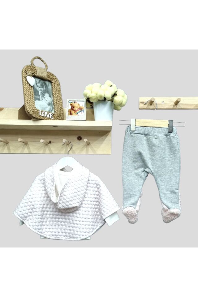 Babyrose Kız Bebek Pelerinli Üçlü Takım Gri - 3 Ay