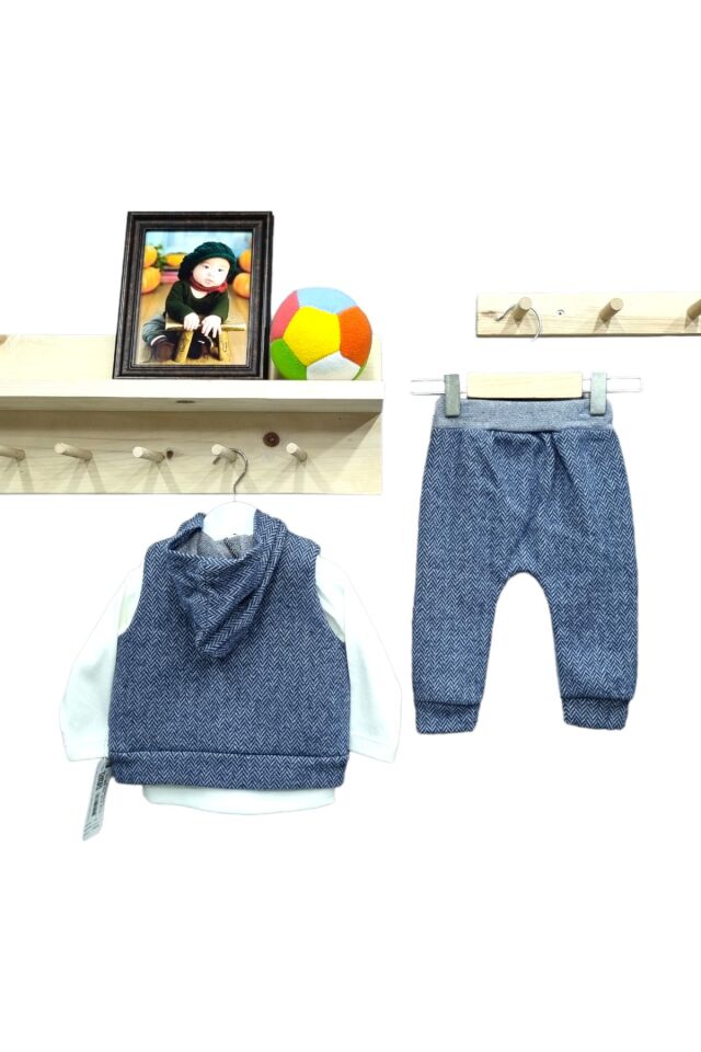Babyboy Erkek Bebek Yelekli Üçlü Takım Lacivert - 6-18 Ay
