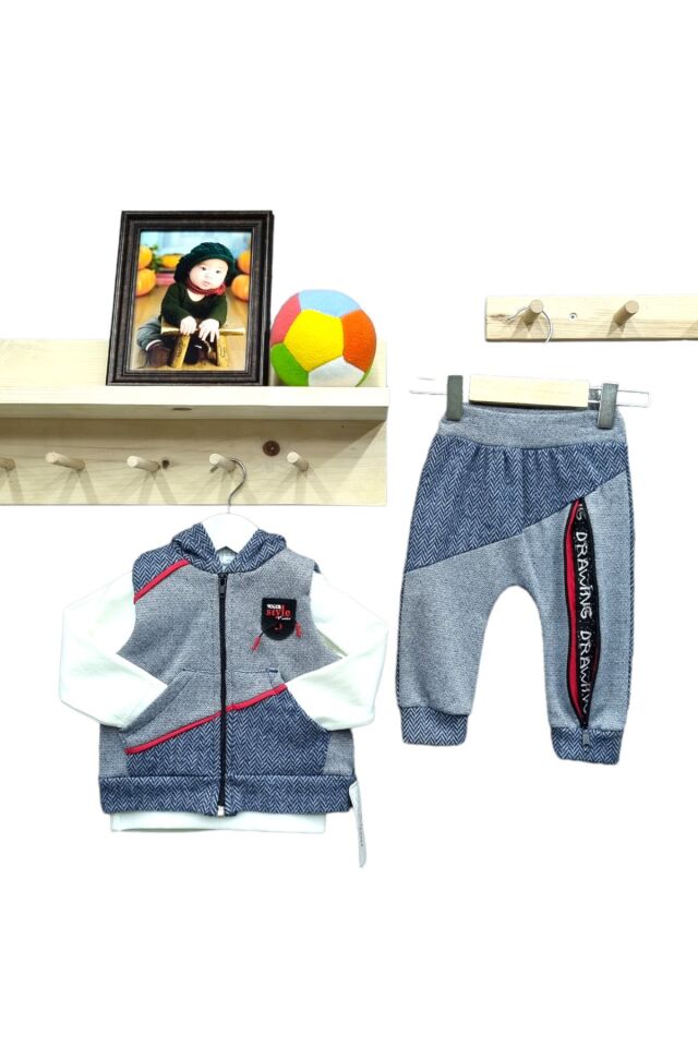 Babyboy Erkek Bebek Yelekli Üçlü Takım Lacivert - 6-18 Ay