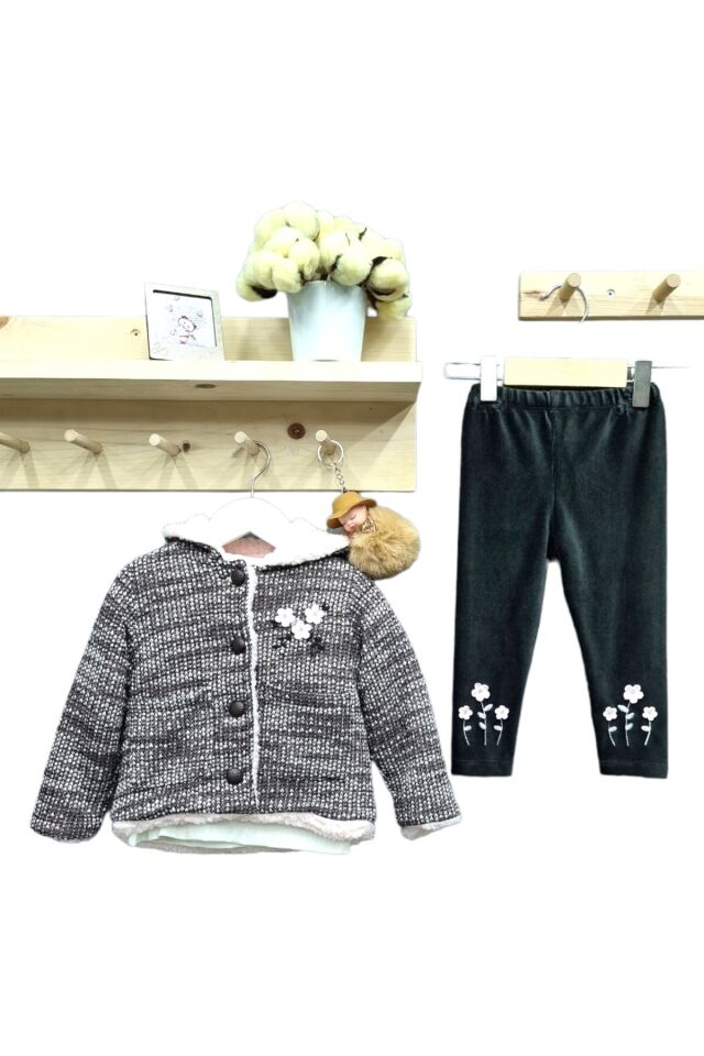 Babyrose Kız Bebek Triko Kuzulu Hırkalı Üçlü Takım Gri - 9 Ay
