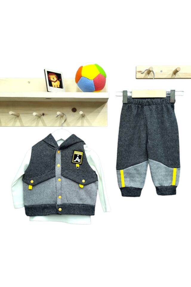Babyboy Erkek Bebek Spor Yelekli Üçlü Takım Koyu Gri - 12-18 Ay