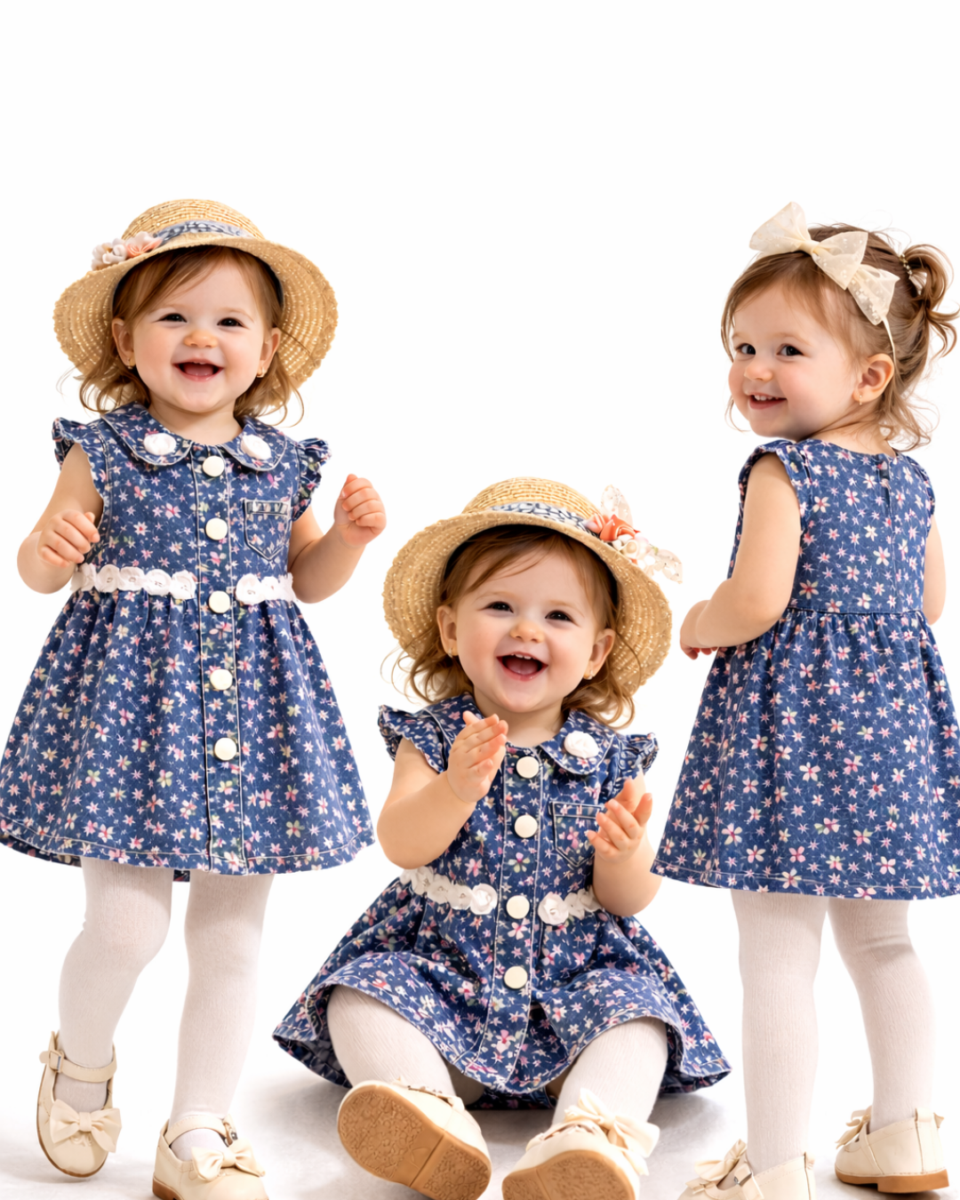 Sani Kız Bebek Çiçek Desenli Kot Elbise