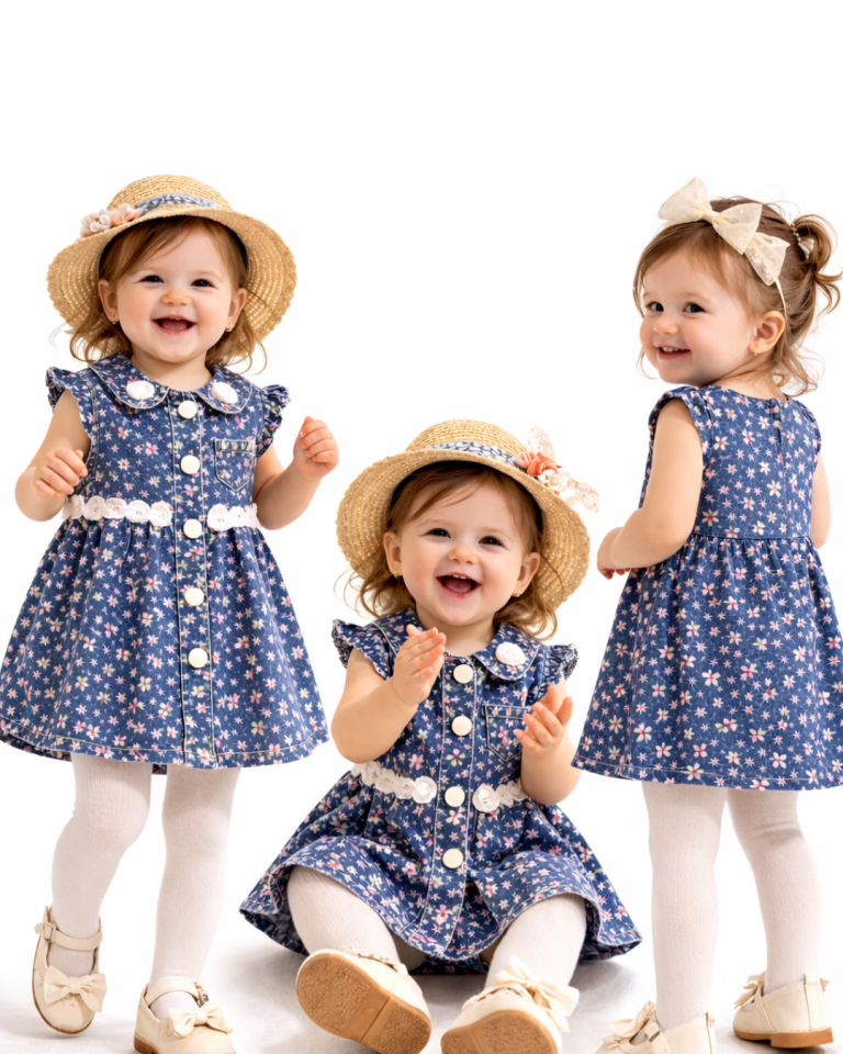 Sani Kız Bebek Çiçek Desenli Kot Elbise