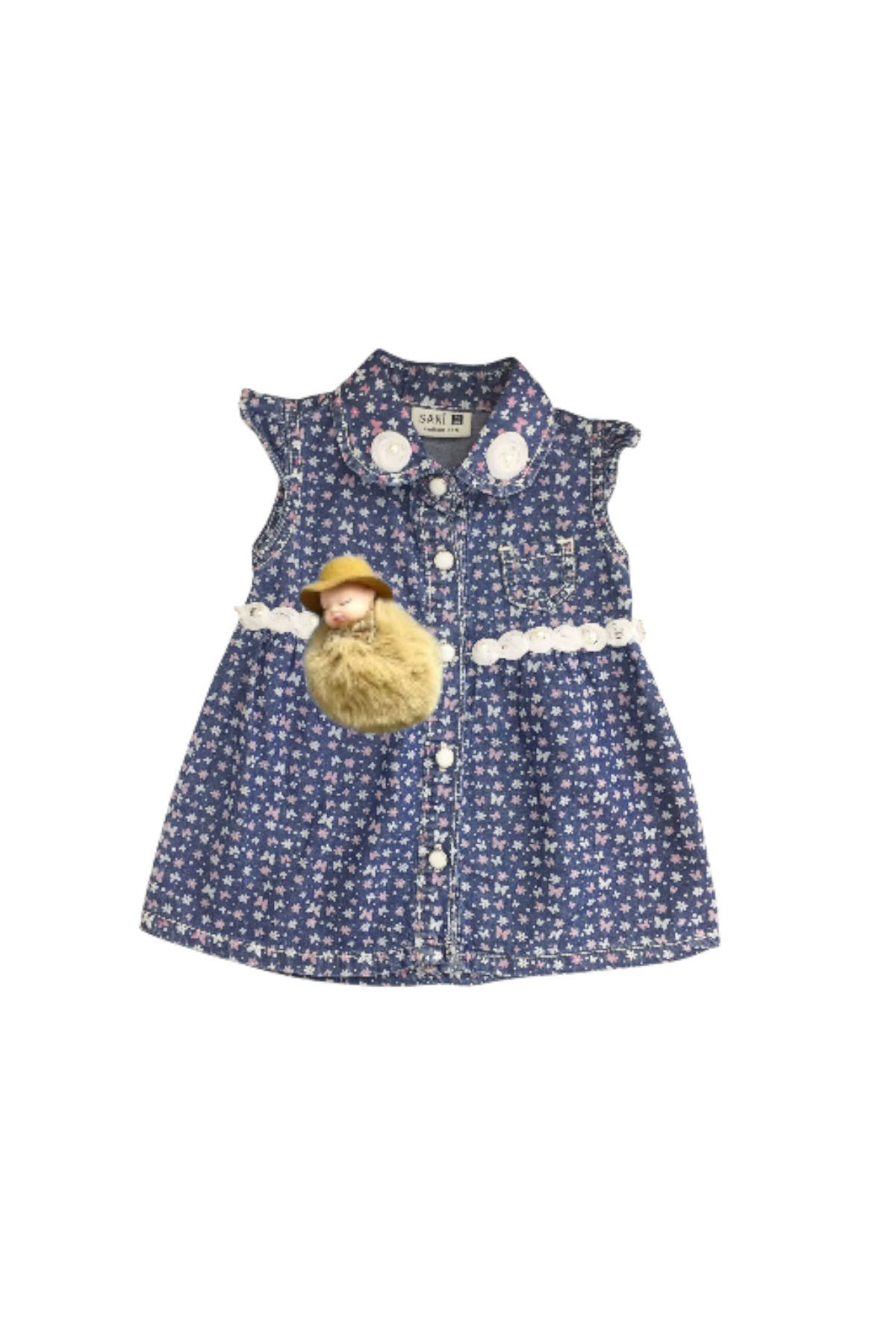 Sani Kız Bebek Çiçek Desenli Kot Elbise