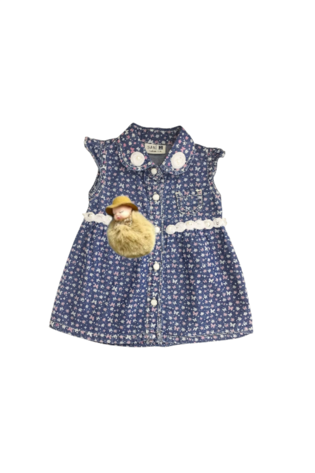 Sani Kız Bebek Çiçek Desenli Kot Elbise