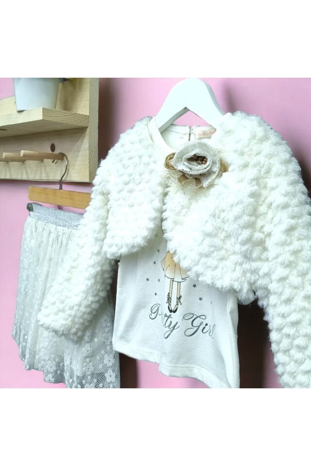 Baby Rose Kız Bebek Etekli Bolerolu Üçlü Takım Beyaz - 4 Yaş