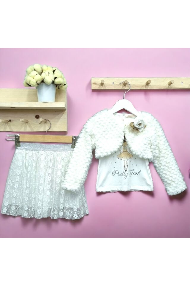 Baby Rose Kız Bebek Etekli Bolerolu Üçlü Takım Beyaz - 4 Yaş
