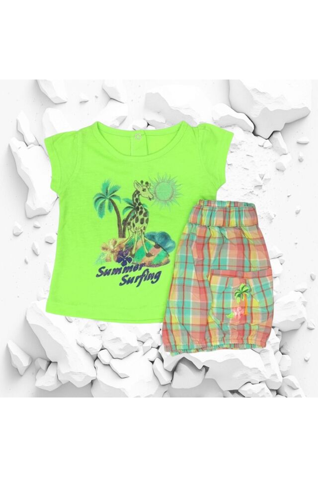 Pelops Kız Bebek Keten Şortlu Yazlık Takım