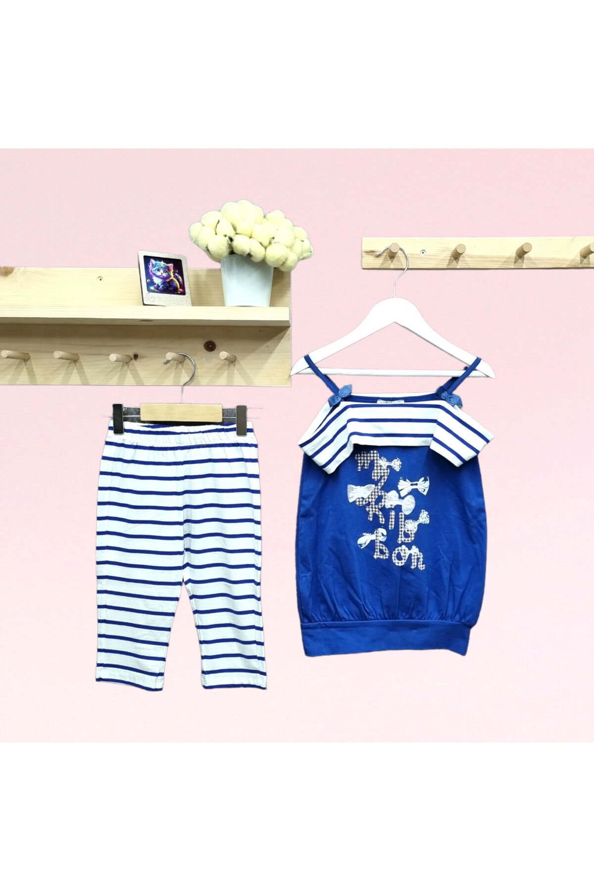 Çikoby Kız Bebek İp Askılı Çizgili Taytlı Yazlık Takım