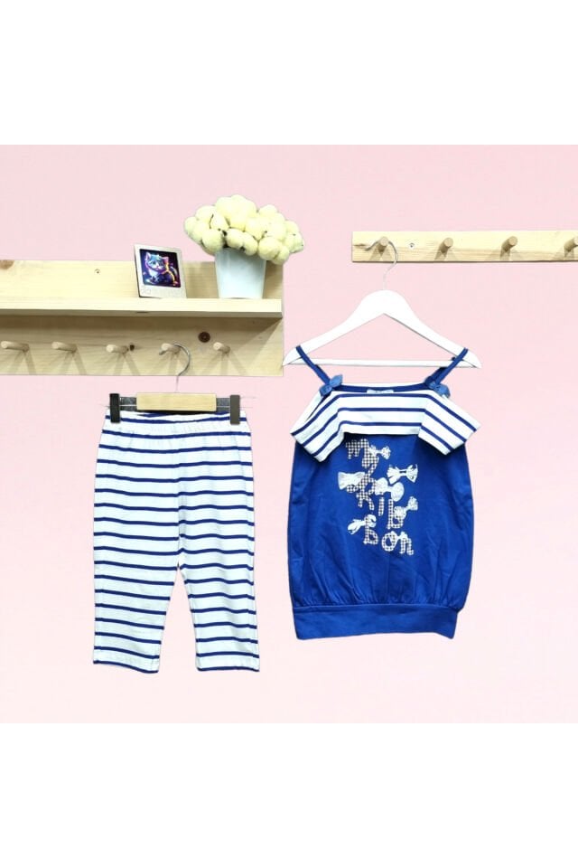 Çikoby Kız Bebek İp Askılı Çizgili Taytlı Takım