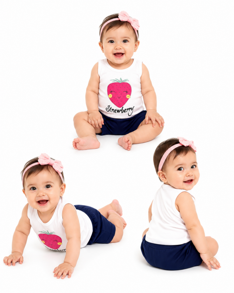 Pelops Kız Bebek Sevimli Çilek Şortlu Yazlık Takım