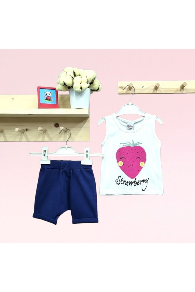 Pelops Kız Bebek Sevimli Çilek Şortlu Yazlık Takım